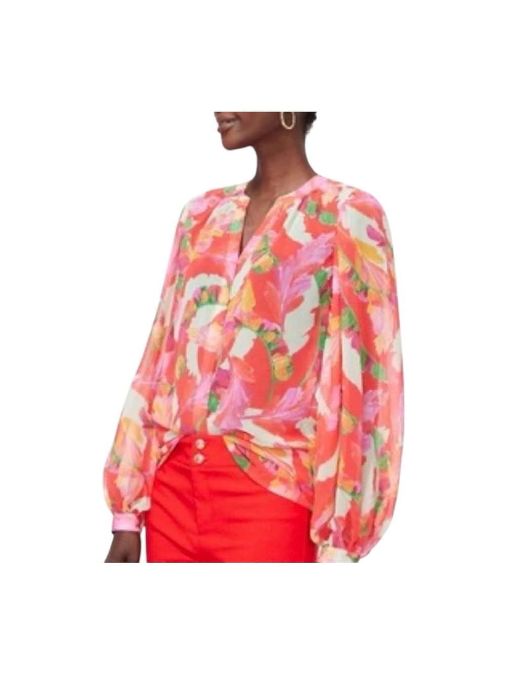 Chico’s  Multicolored Floral Semi-Sheer Long Balloon Sleeves Button Blouse 18